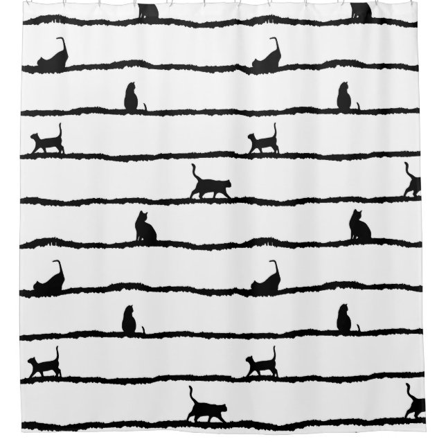 Rideaux De Douche Chat Silhouette rayures Abstrait main tiré Motif (Devant)