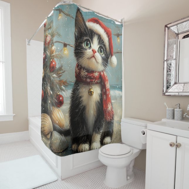 Rideaux De Douche Chat Smoking Christmas Vintage Plage (En situation)