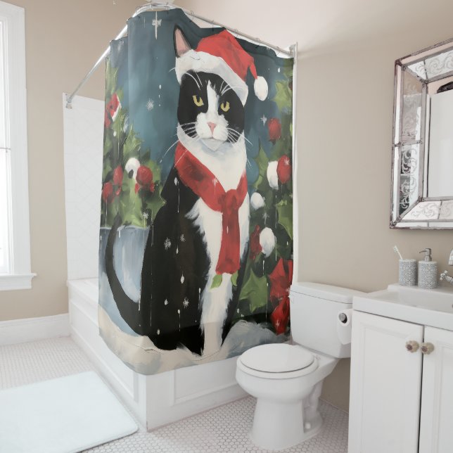 Rideaux De Douche Chat Smoking en Noëliges de Neige (En situation)