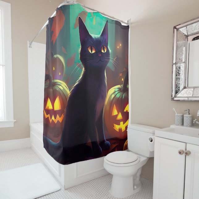 Rideaux De Douche Chat Smoking Tuxedo d'Halloween avec des Citrouill (En situation)