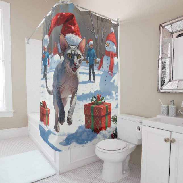 Rideaux De Douche Chat Sphynx courant dans la neige avec un chapeau  (En situation)