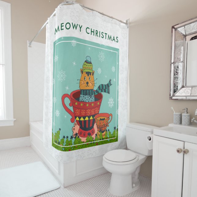 Rideaux De Douche Chat Whimsical assis dans un thé Noël (En situation)