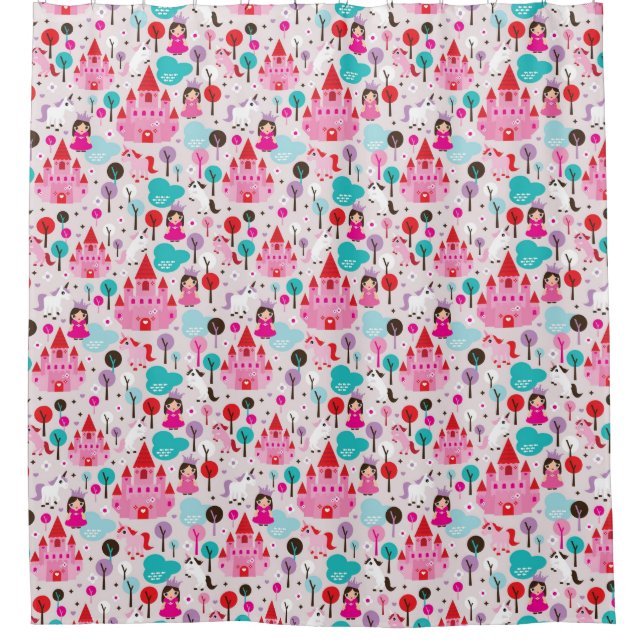 Rideaux De Douche château et licorne de princesse d'enfants (Devant)