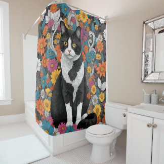 Rideaux De Douche Chaton parmi les fleurs