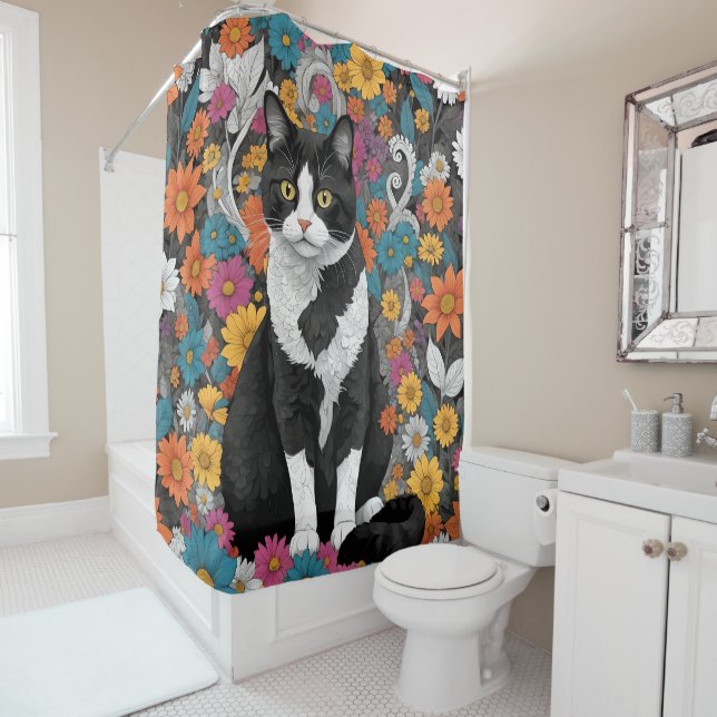 Rideaux De Douche Chaton parmi les fleurs (En situation)