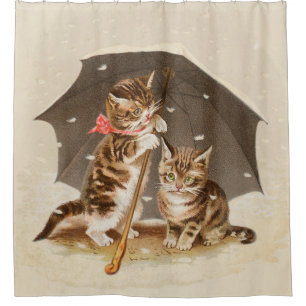 Rideaux De Douche Chatons vintage sous un parapluie, art antique de