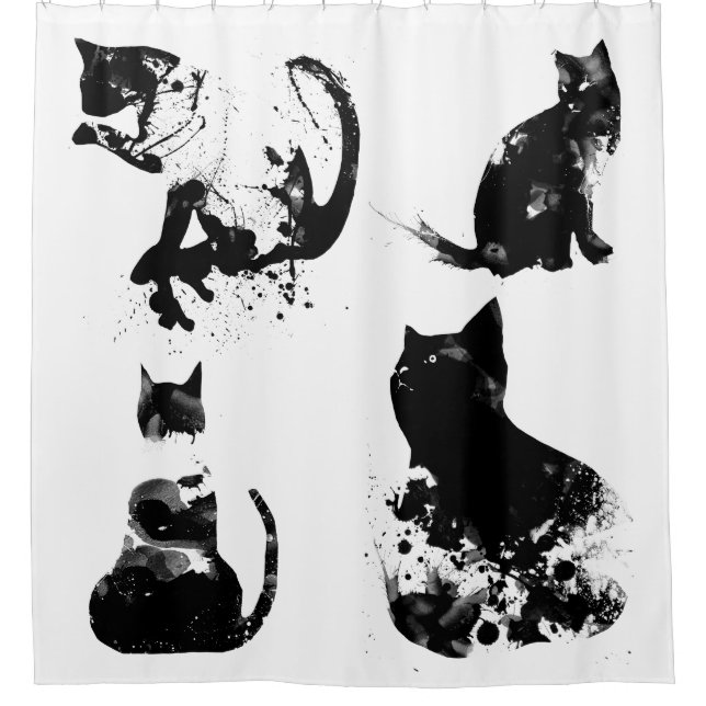 Rideaux De Douche Chats Aquarelle, Chat Noir, Minimal, Noir & Blanc (Devant)
