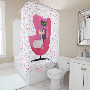 Rideaux De Douche Chats atomiques Yeux Verts Jaunes sur Chaise Rose