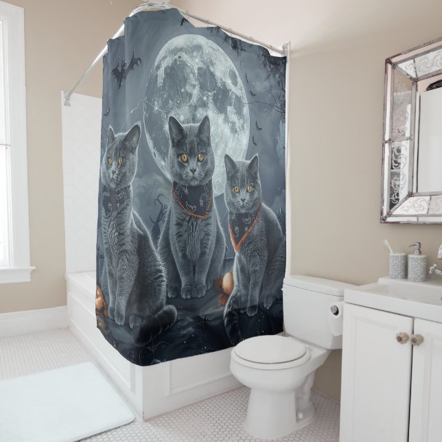 Rideaux De Douche Chats Bleus Russes Halloween Épouvante (En situation)