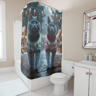 Rideaux De Douche Chats Bleus Russes Noël Neige Fêtes