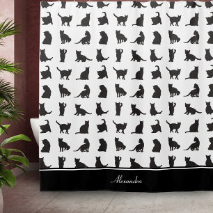 Rideaux De Douche Chats en Silhouette noire Motif avec prénom