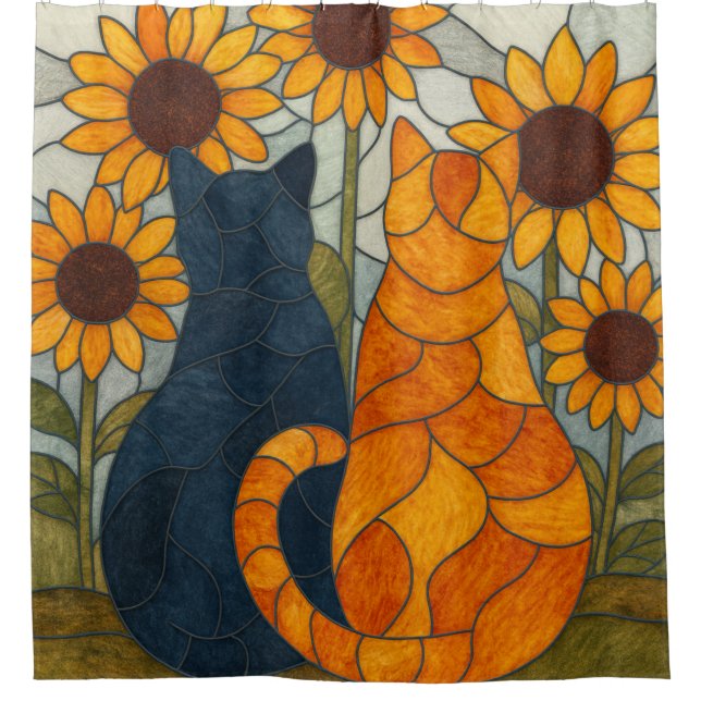 Rideaux De Douche Chats en vitrail et conception d'art de tournesols (Devant)