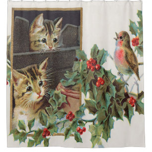 Rideaux De Douche Chats et oiseau au houx vintage 