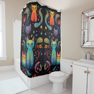 Rideaux De Douche Chats jaune bleu rouge