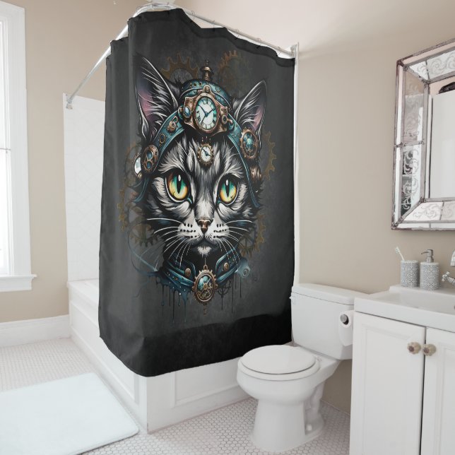 Rideaux De Douche Chatte steampunk mignonne avec des horloges et des (En situation)