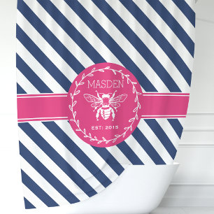 Rideaux De Douche Chaud rose et rayures de marine Honey Bee Monogram
