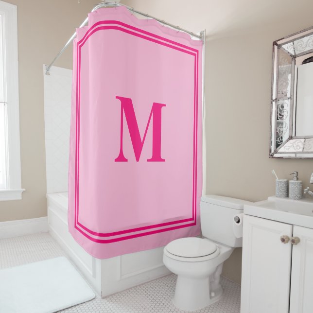 Rideaux De Douche Chaud rose Fuchsia Monogrammes Bande Nom personnal (En situation)