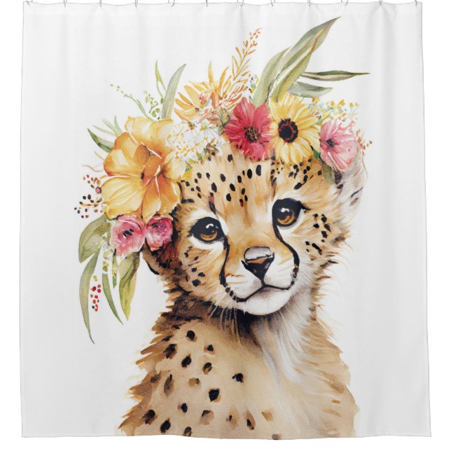 Rideaux De Douche Cheetah Flower Crown Art Aquarelle Safari Wild (Devant)