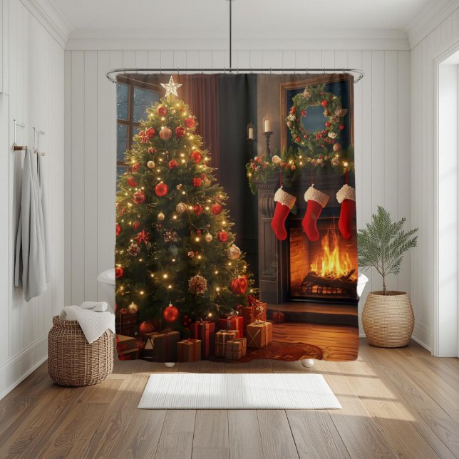 Rideaux De Douche Cheminée classique confortable & arbre de Noël  (Créateur téléchargé)