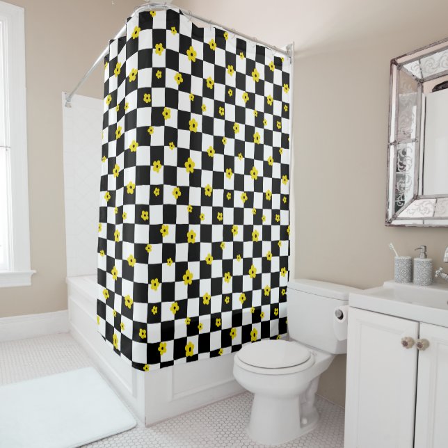 RIDEAUX DE DOUCHE CHÈQUE NOIR & BLANC MOTIF & FLEURS JAUNES PETITES (En situation)