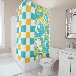 Rideaux De Douche Chèques et permules en Turquoise, Jaune et Blanc