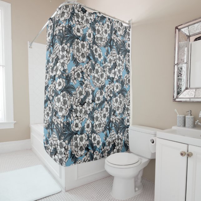 Rideaux De Douche Cherry blossom in white and blue (En situation)