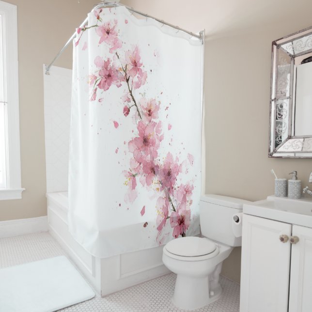 Rideaux De Douche Cherry Blossom Sakura Pink White Pastel Floral (En situation)