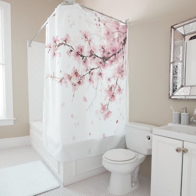 Rideaux De Douche Cherry Blossom Sakura Pink White Pastel Floral (En situation)