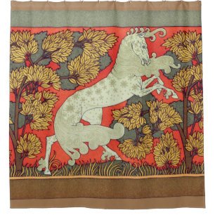Rideaux De Douche CHEVAL BLANC RAMPANT, ARBRES EN BOIS Art Nouveau