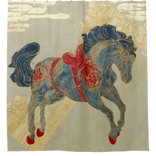 Rideaux De Douche Cheval bleu royal orné  (Devant)
