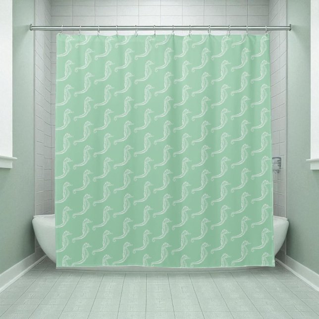 Rideaux De Douche Cheval de mer blanc nautique Squelette Motif Vert (shower curtain display in full)