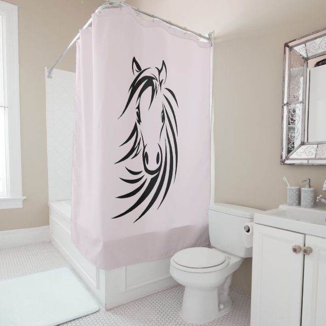 Rideaux De Douche Cheval noir sur rose (En situation)