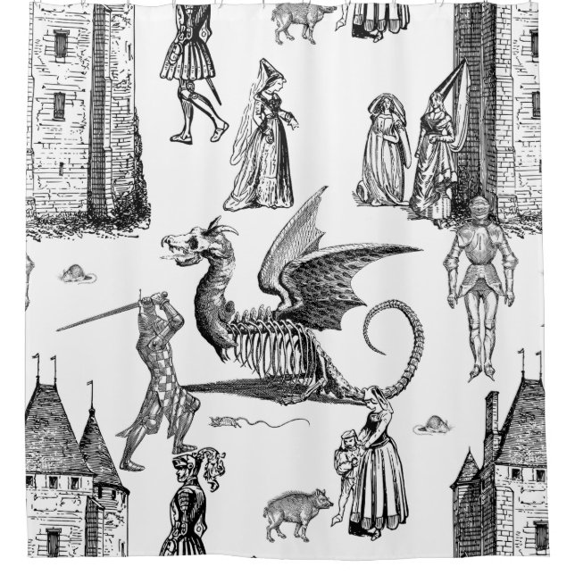 Rideaux De Douche chevalier dragon gothique médiéval squelette toile (Devant)