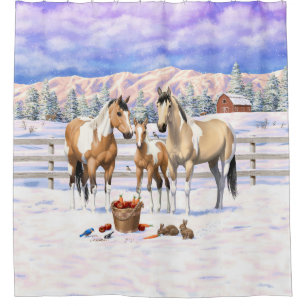 Rideaux De Douche Chevaux De Peinture En Peau De Bouche Dans La Neig