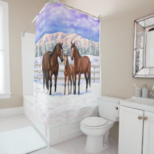 Rideaux De Douche Chevaux Du Quartier De La Baie Brown En Neige
