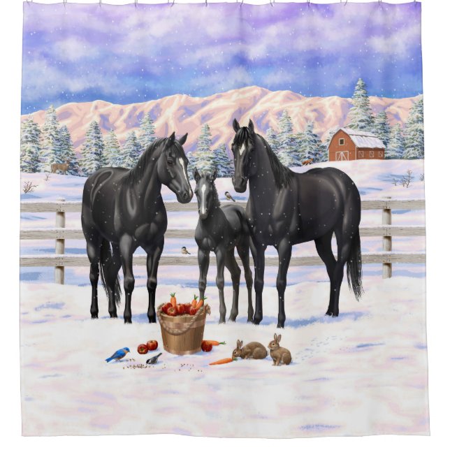 Rideaux De Douche Chevaux Du Quartier Noir En Neige (Devant)