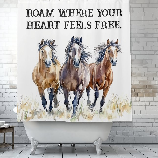 Rideaux De Douche Chevaux Mustang Occidentaux Wild & Free (Roam where your heart feels free.  Wild western mustang horse trio shower curtain.)