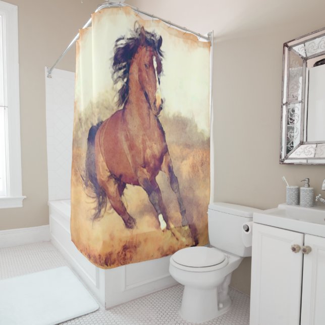 Rideaux De Douche Chevaux Mustang Sauvages Aquarelle (En situation)