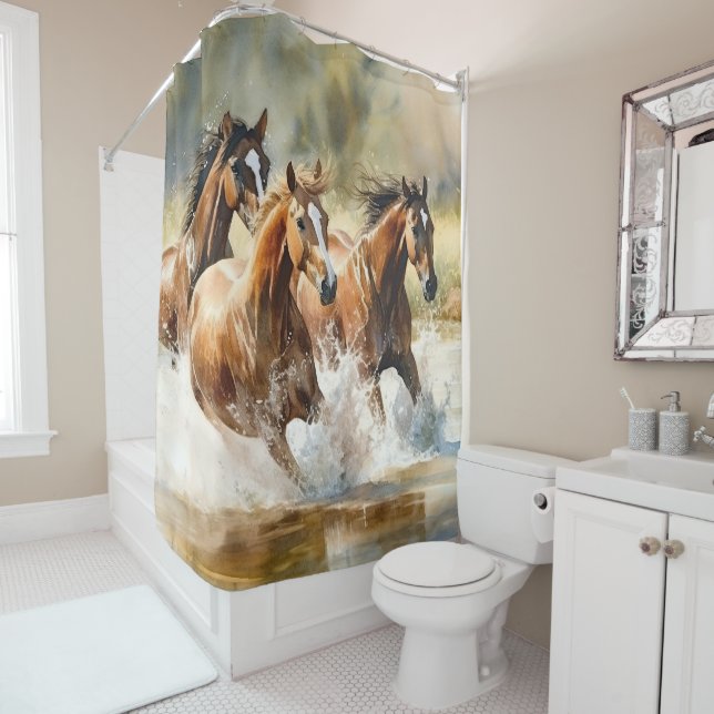 Rideaux De Douche Chevaux sauvages qui courent Brown couleur noire (En situation)