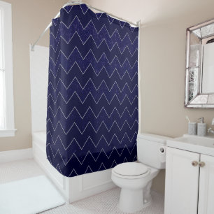 Rideaux De Douche Chevron Grunge Bleu foncé avec Accents Argent