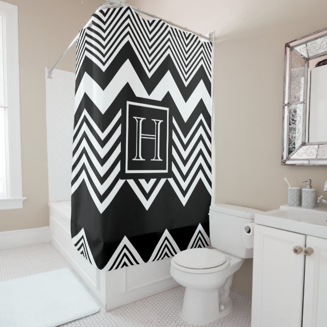 Rideaux De Douche Chevron noir et blanc (En situation)