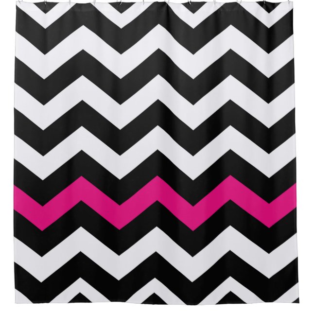 Rideaux De Douche Chevron noir et blanc à accent rose chaud (Devant)