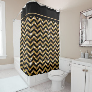 Rideaux De Douche Chevron noir et or avec Triage noir
