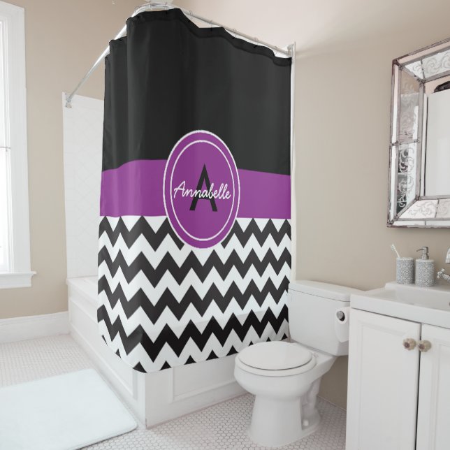 Rideaux De Douche Chevron pourpre noir (En situation)