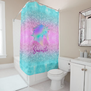 Rideaux De Douche Chic Aqua Pink Unicorn Parties scintillant de glam