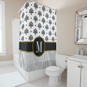 Rideaux De Douche Chic Black White Damask Dots Stripes Monogramme