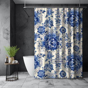 Rideaux De Douche Chic Bleu blanc à fleurs chinoiserie toile monogra