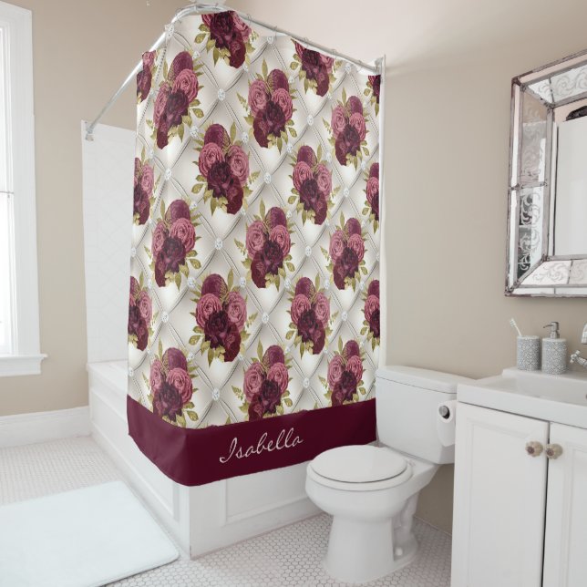 Rideaux De Douche Chic Burgundy Gold Floral diamant tufé Motif (En situation)