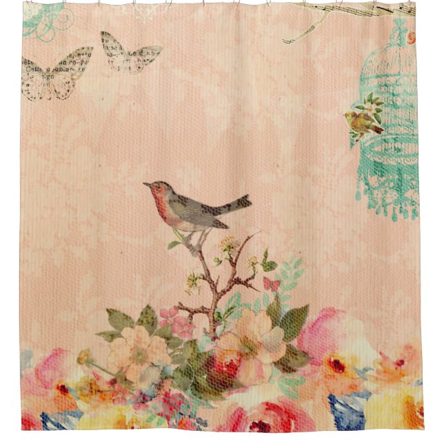 Rideaux De Douche Chic Chic, oiseau, papillon, dentelle, floral, ch  (Devant)