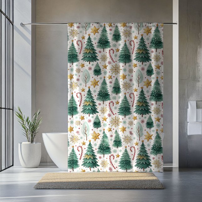 Rideaux De Douche Chic Christmas Trees Watercolor Holiday Curtain (Chic Christmas Trees Watercolor Holiday Curtain)